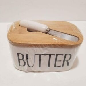 White and Bamboo Butter Dish with Knife